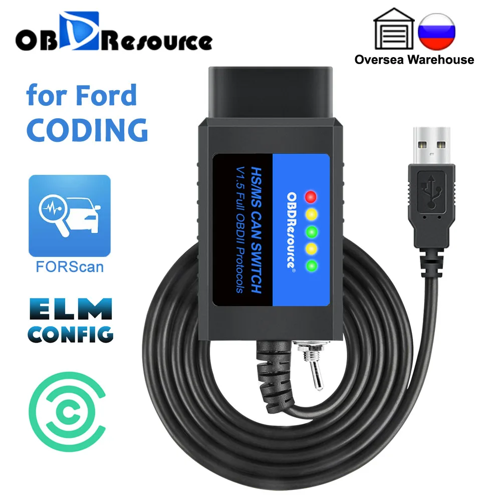 OBDResource FORSCan ELM327 V1.5 USB Diagnostic Tool OBD2 Scanner Code Reader with HS/MS For Ford USB CH340 V1.5 PIC18F25K80 Chip