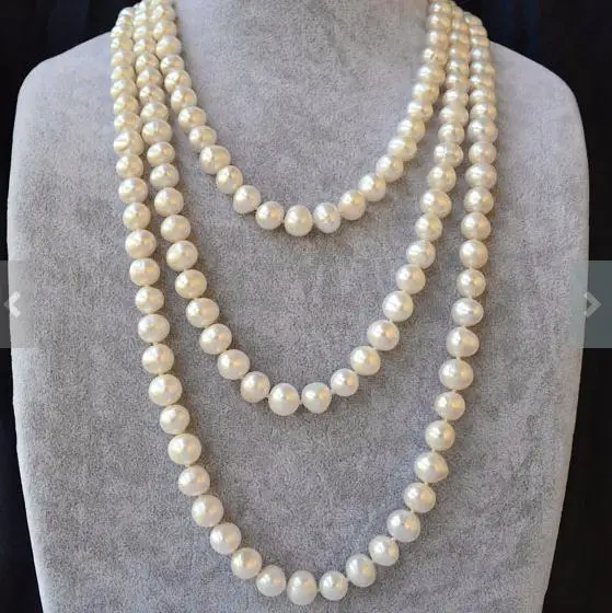 

Favorite Pearl Necklace White Color 60 inches Long AA 8-9mm Round Handmade Fine Jewelry Real Freshwater Pearl Nice Women Gift