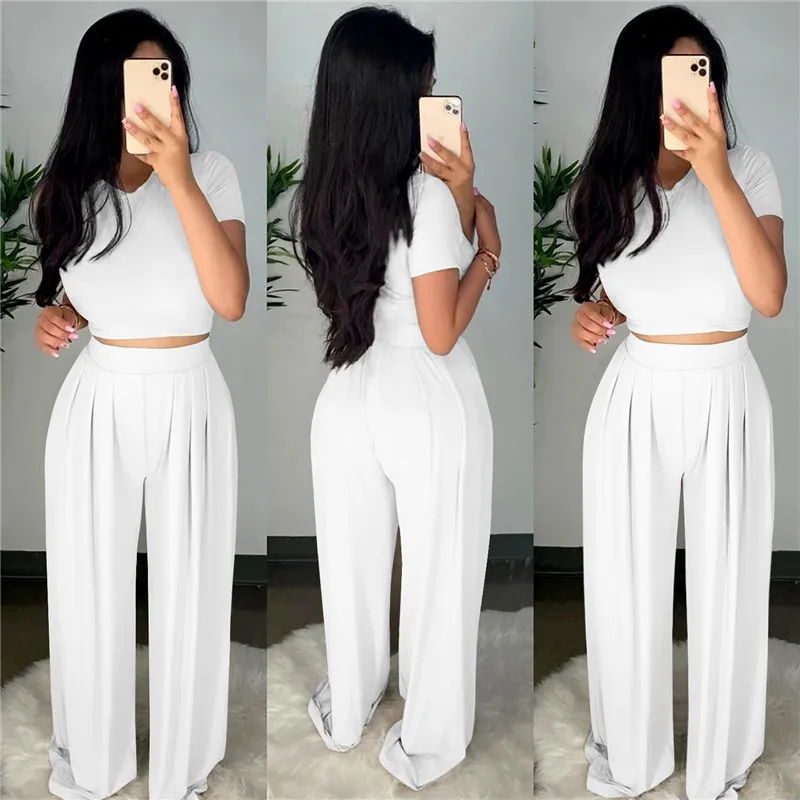 Wholesale Dropshpping High Quality New Women Two-piece Sets Solid Color Tight Casual Sets Tight Top + Wide Leg Pants Elasticity