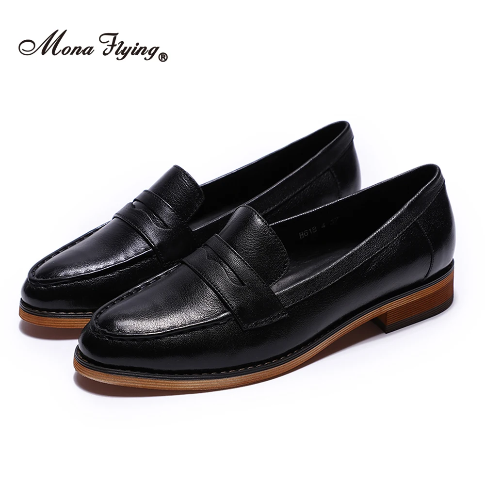 Mona Flying Womens Genuine Leather Penny Loafers Flats Elegant Comfortable Almond-toe Casual Flat Shoes for Ladies H618-4