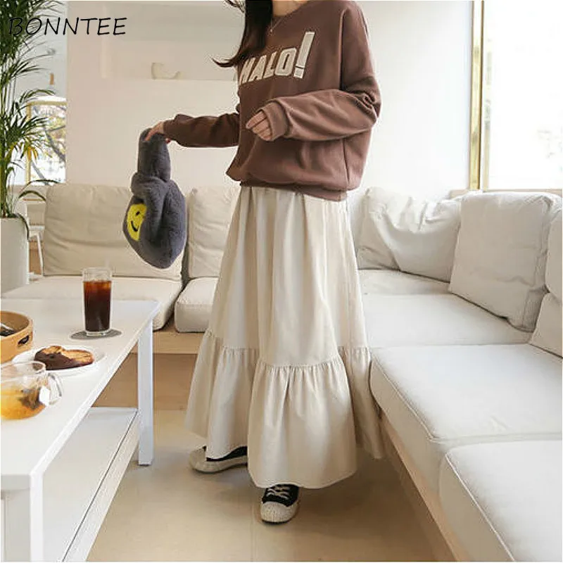 Skirts Women Solid Harajuku Loose Students Popular Vintage Autumn Corduroy Fashion A-Line All-match Mid-Calf Apricot Aesthetic