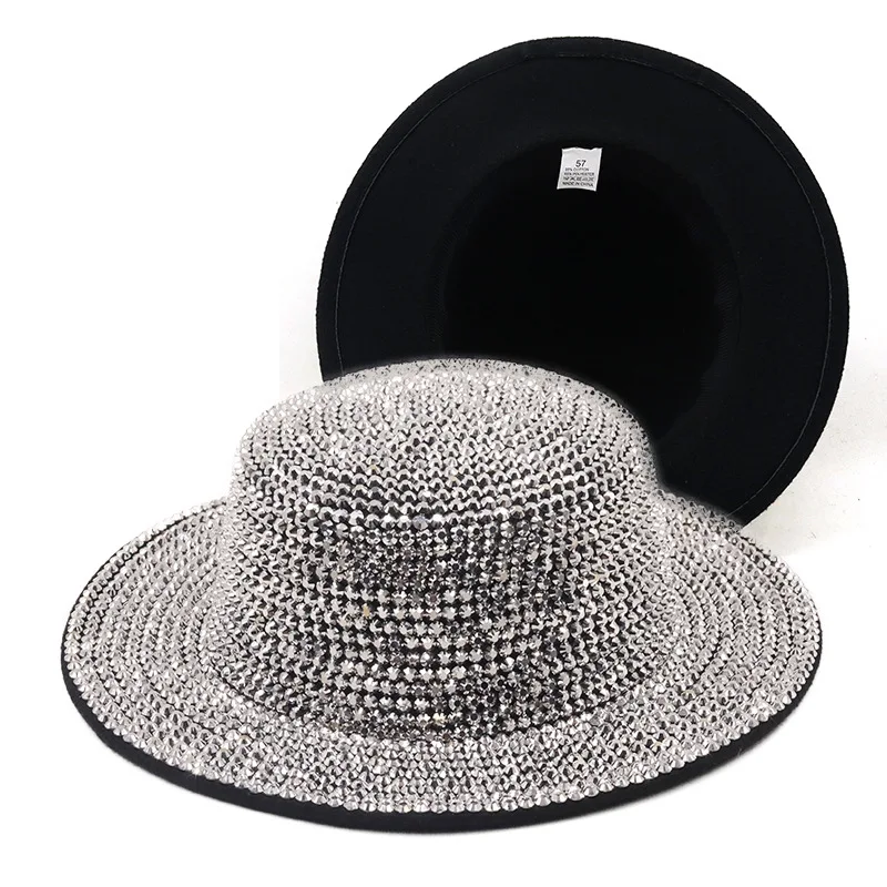 

Stage Hat Women's New Handmade Rhinestone Woolen Top Hat Male British Retro Outdoor Shade Woolen Flat Cap Church Panama Hat