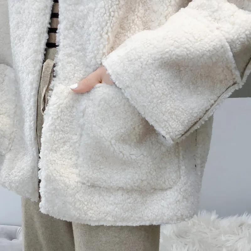Elegant Faux Fur Woolen Coat Women Fashion Autumn Winter Warm Soft  Fur Jacket Female Plush Overcoat Pocket Casual Teddy Outwear