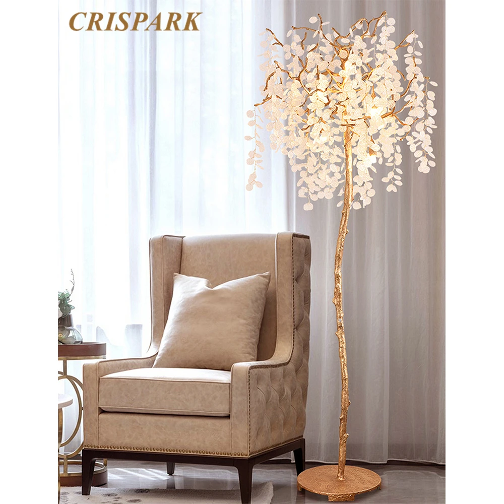 Modern Luxury Brass Standing Lamp LED Crystal Leaf Living Room Floor Light Art Deco Indoor Bedroom Light Fixture Villa Lamp