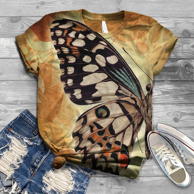 2021 Summer Amazon Independent Station Hot Animal Digital Print Round Neck Short Sleeve Loose T-shirt Top Butterfly Print