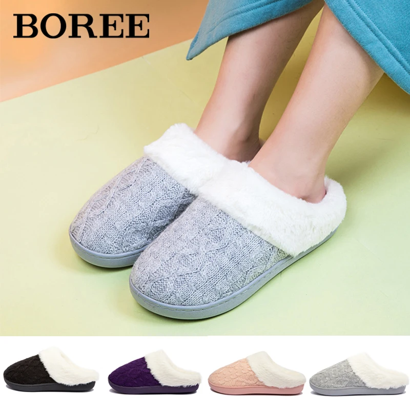 Women Fur Slippers Winter Warm Home Soft Slippers Non-Slip Plush Cotton Shoes Men Indoor Bedroom Couple Shoes Women Furry Slides