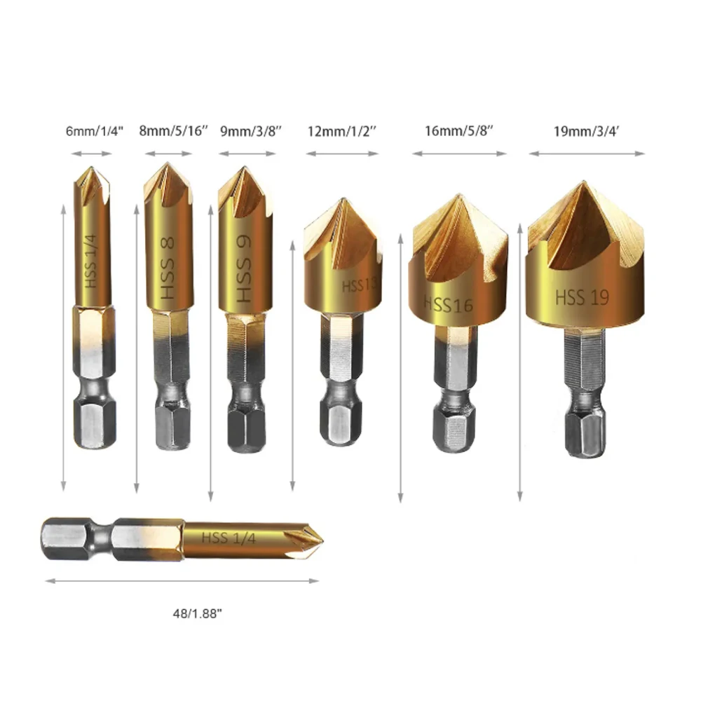 6 stücke 5 Flöte Kegel Bohrer Senker Bohrer Titan Beschichtete HSS1/4 "Hex Schaft Winkel Punkt Holz PVC Cutter Rand Fase Rea