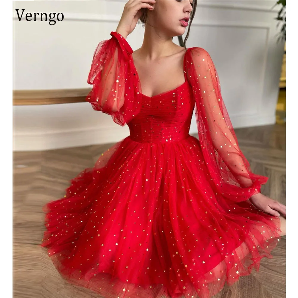 

Verngo 2021 Sparkly Red Starrs Tulle Puff Long Sleeves Evening Party Dresses Sweetheart A Line Prom Gowns Homecoming Dress