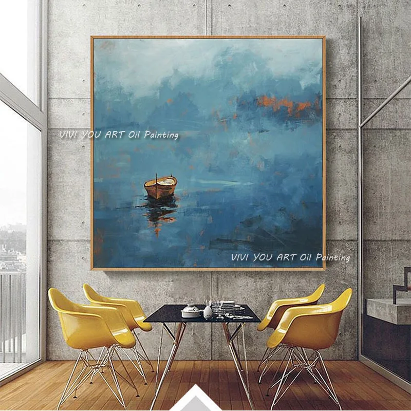 

100% Handmade Boat Oil Painting On Canvas New Modern High-end Lake Scenery Paintings Skill Artist Home Decoration Wall Art