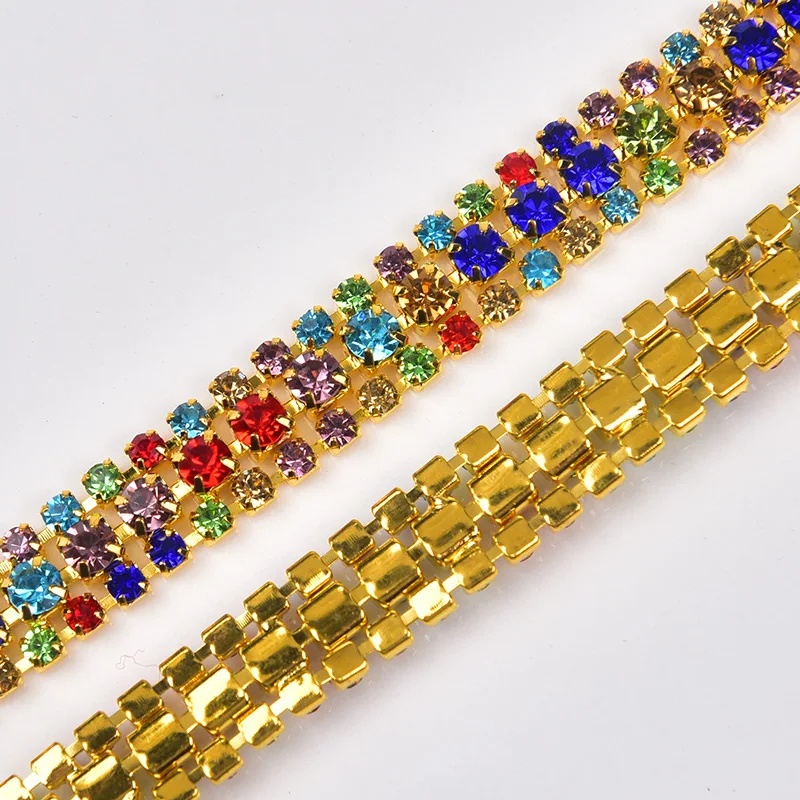 Fashion Rhinestone Cup Chain 3 Rows Glass Crystal Trim Mix Colors Sewing Wedding Dress Applique Ribbon DIY Clothes Accessories