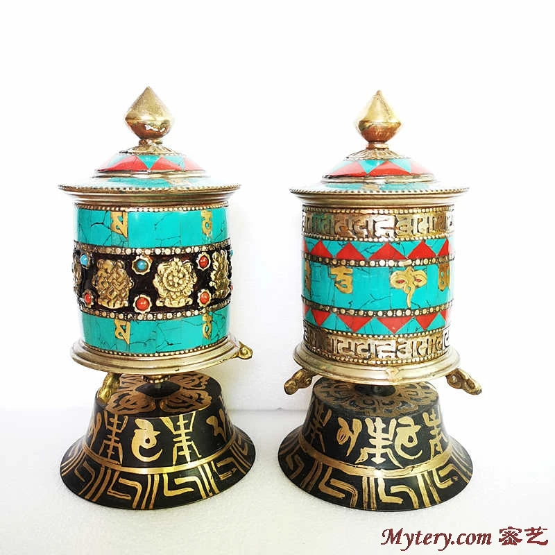 Tibetské buddhista modlitba kolo depo mani kolo měď vykládané pestrý kámen šest slov mantras buddhy oko handicrafts TBC956