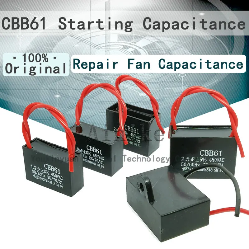 Cbb61 450vac ventilador de partida capacitância 1.2uf 1.5uf 1.8uf 2uf 2.5uf 3uf 4uf 5uf 8uf 10uf 25uf ventilador de teto gama ventilador ventilador