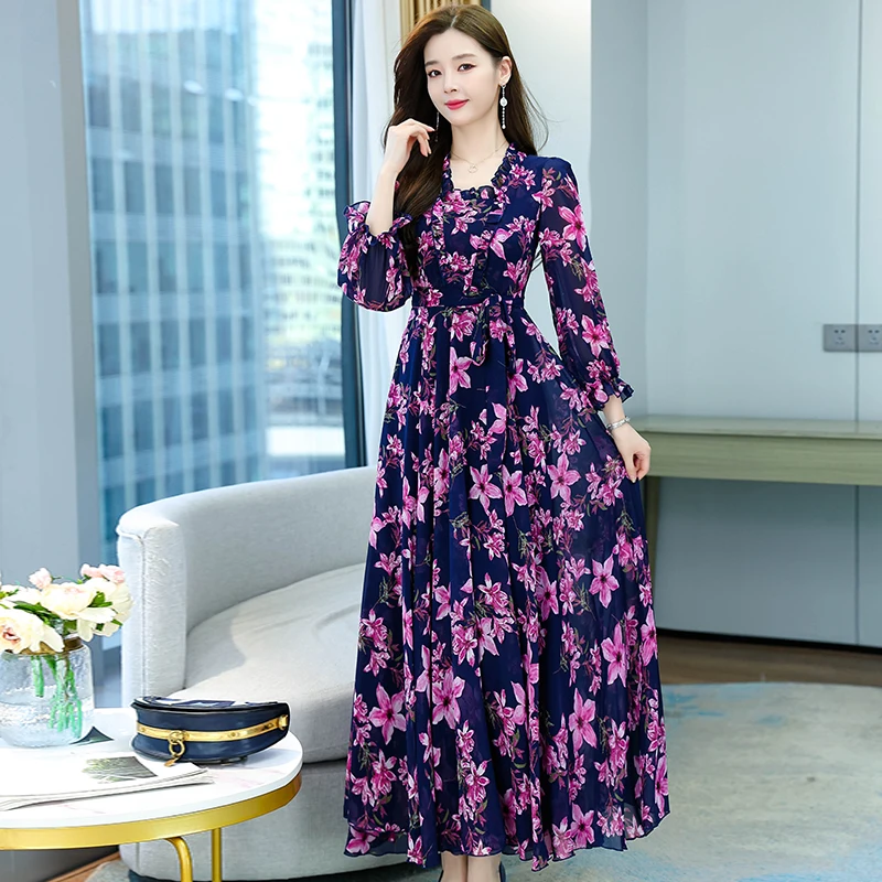 

2022 New Bohemian Printed Slim Chiffon Dress Elegant Women's Clothing Spring Autumn Dress D1383