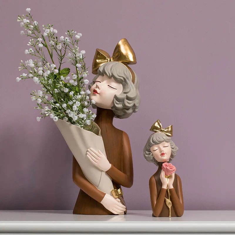 Cute creative Bouquet Girl Ornaments Sculpture Statue gifts Living Room TV cabinet Flower arrangement Modern Home Decoration