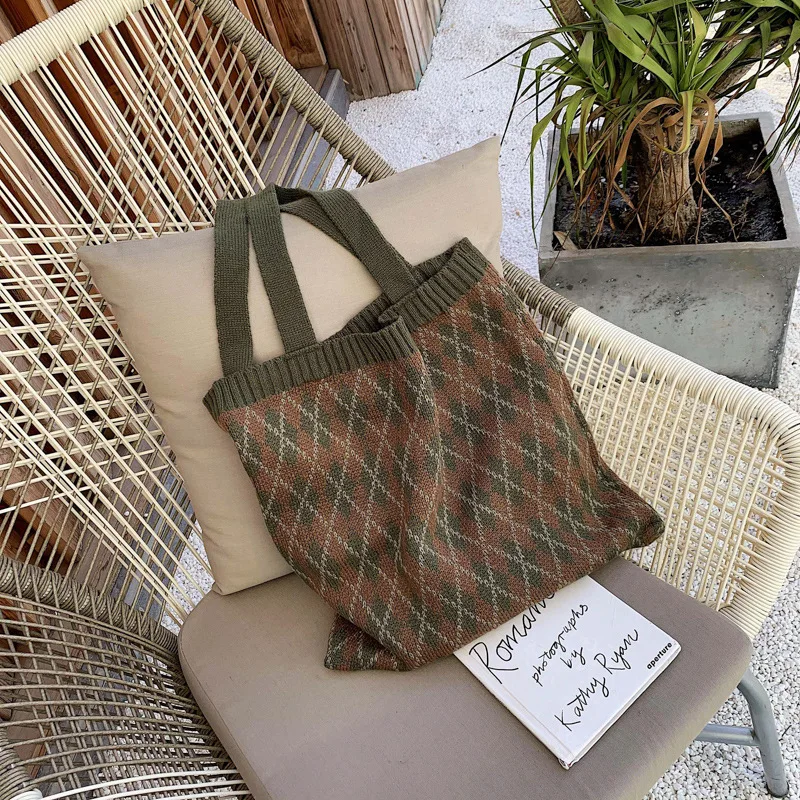 YoReAi Women\'s Shopper Shopping Bag Knitting Soft Shoulder Bags Female Handbags Plaid Autumn Storage Reusable Light Tote Pack