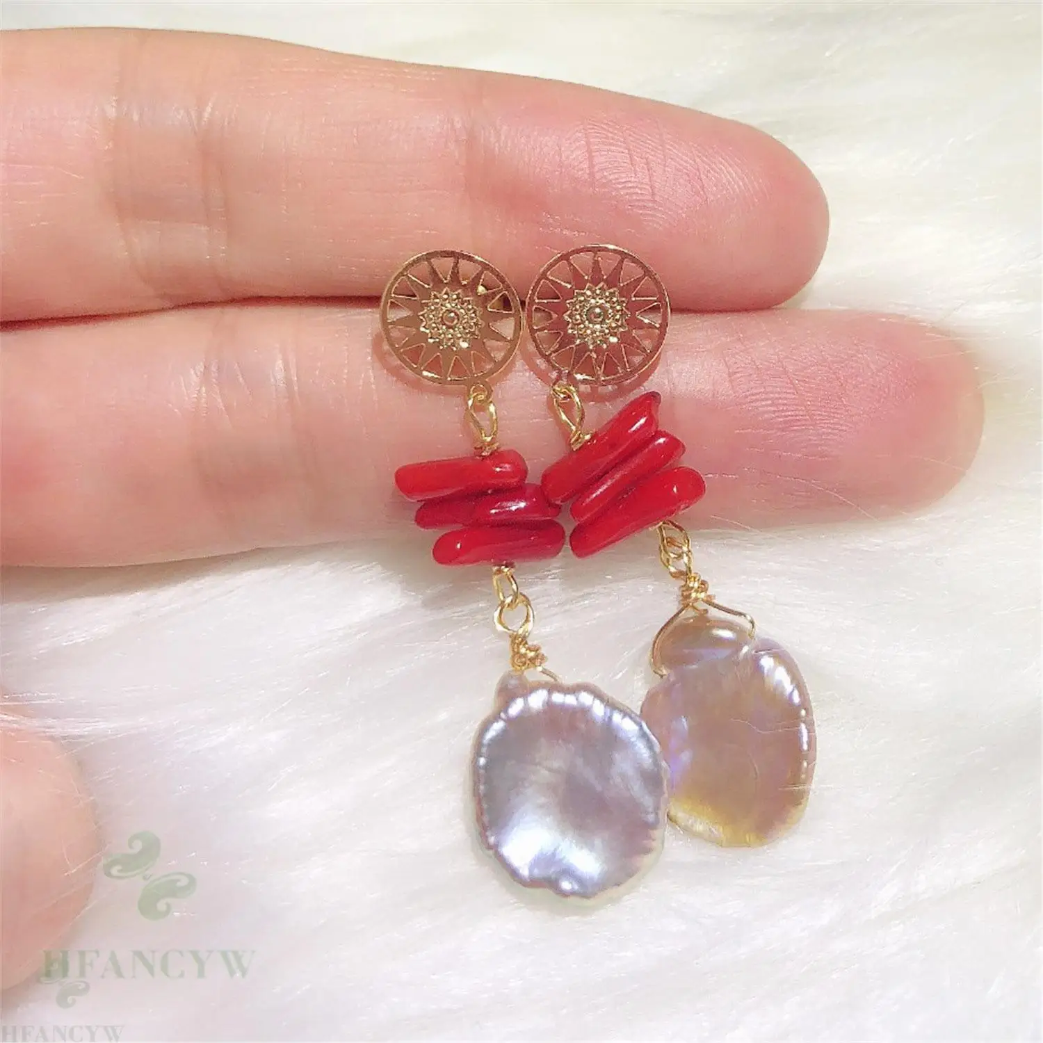 

Coral branch Color Baroque Pearl Earring Gold Ear Drop Hook Accessories Flawless Fashion Dangle Jewelry Cultured