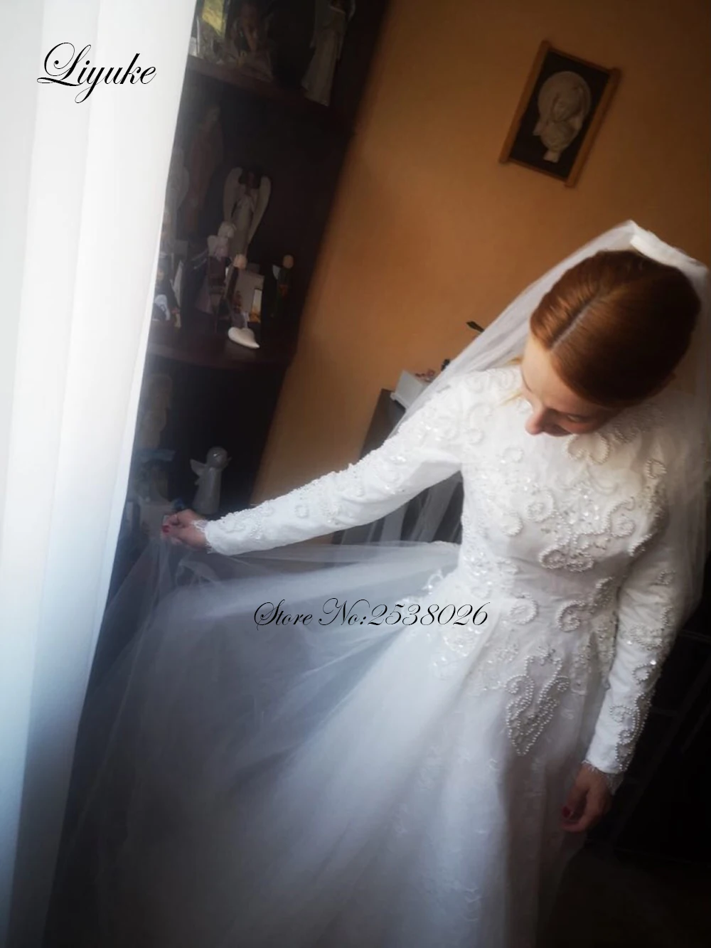 Liyuke-Vestido De novia musulmán De manga larga, elegante, cuello redondo, tul, cremallera trasera, encaje, vestidos De novia islámicos