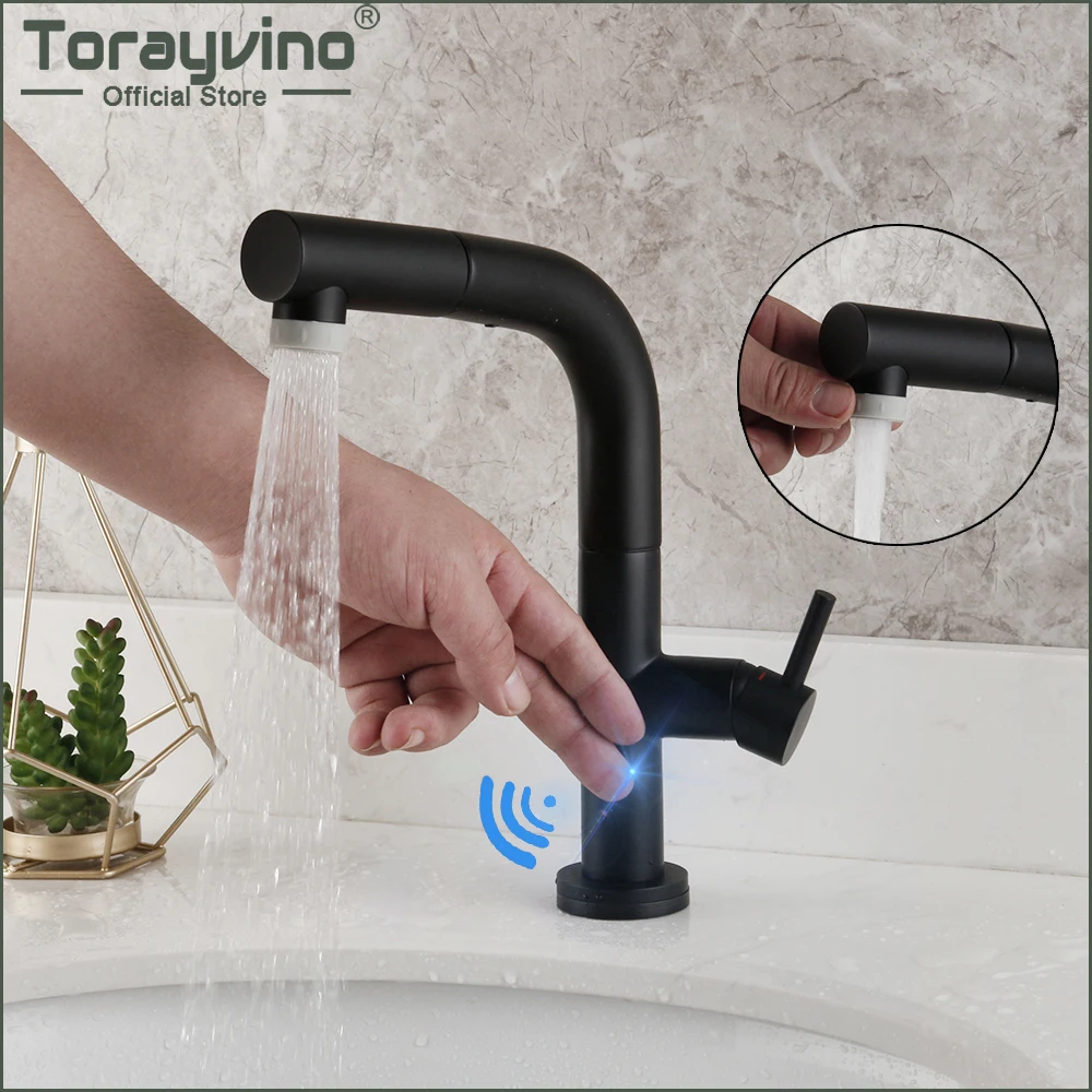 

Torayvino Bathroom Faucets Smart Sensor Pull-Out Touch Spray Tap Black Cold And Hot Mixer Taps Basin Sink Deck Mounted Faucet