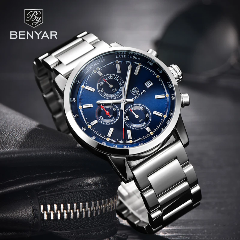 Men\'s Watches BENYAR Blue Fashion Sport Watches For Men Chronograph Stainless Steel Waterproof Military Watch Men Reloj Hombre