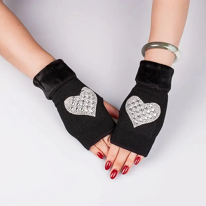 Gants d\'hiver pour femmes, strass, crâne, couronne, diamant, demi-doigt, à la mode, chauds, tricotés, noirs, A573