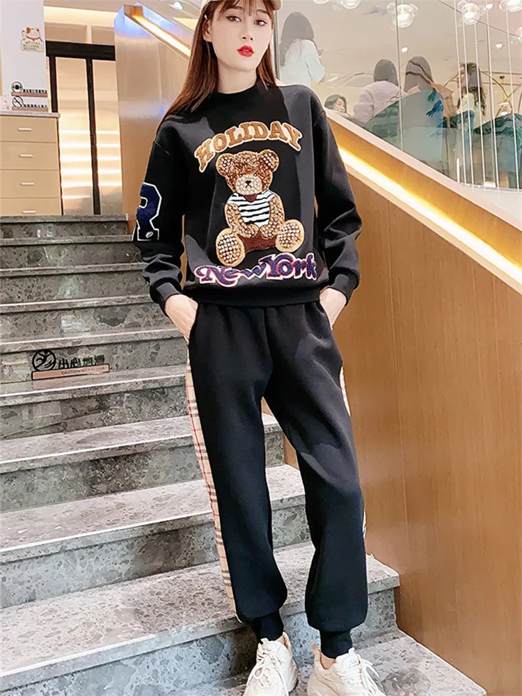 Sports Fashion Women Tracksuit O-neck Cartoon Sweater + Elastic Waist Splicing Trousers Two-piece Set Female Suit Autumn Winter