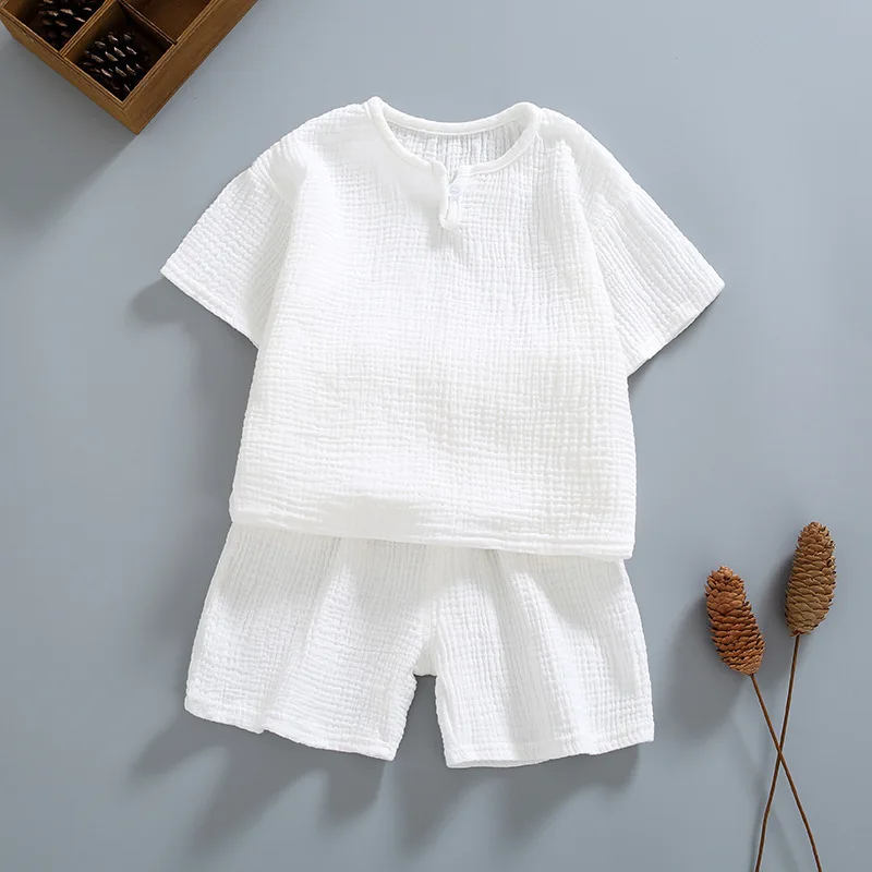 Summer Clothing Sets Organic Double Gauze Cotton Home Wear Kids Clothes Suit Summer Kids Pajama Short Sleeve Shorts Suit White