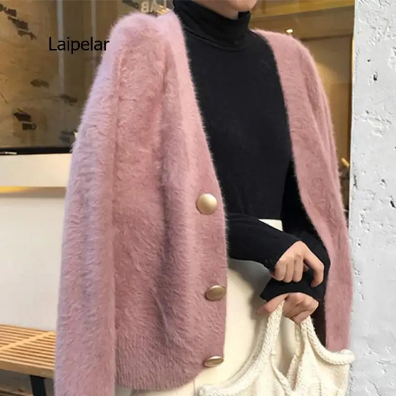 

2021 Autumn Winter Fashion Women Mink Cashmere Cardigan Sweater Female V-neck Knitted Long haired mink cashmere sweater