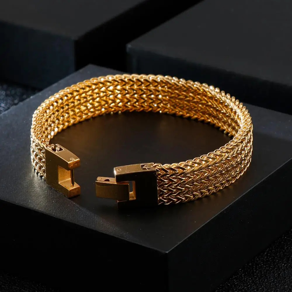 Fongten 13mm Mesh Chain Bracelet For Men Stainless Steel Watch Strap Chain Bracelet Bangle Hiphop Male Multiple Color Jewelry