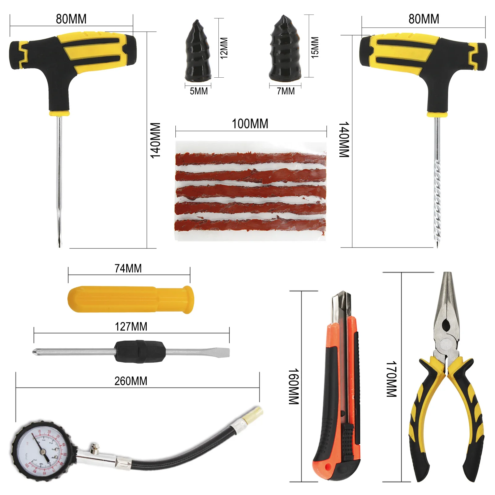 Car Auto Bike Tire Repair Tool Kit with Eva Storage Case Box Studding Tool Tubeless Tire Puncture Plug Garage Needle Nose Pliers