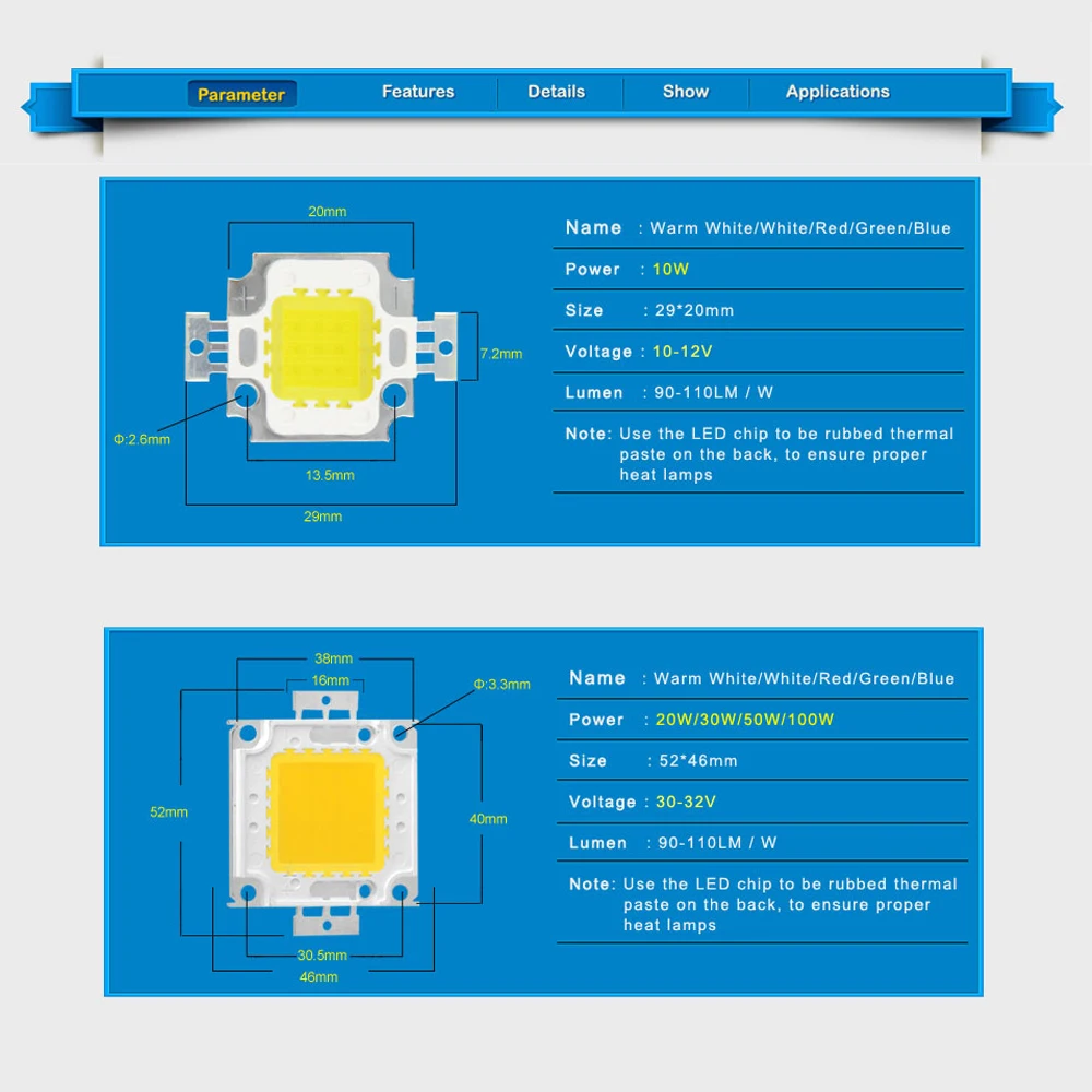 Led Cob Chip 10W 9-12V 20W 30W 50W 100W 30-36V High Power Integrated LED Beads DIY Lighting Accessories For FloodLight Spotlight