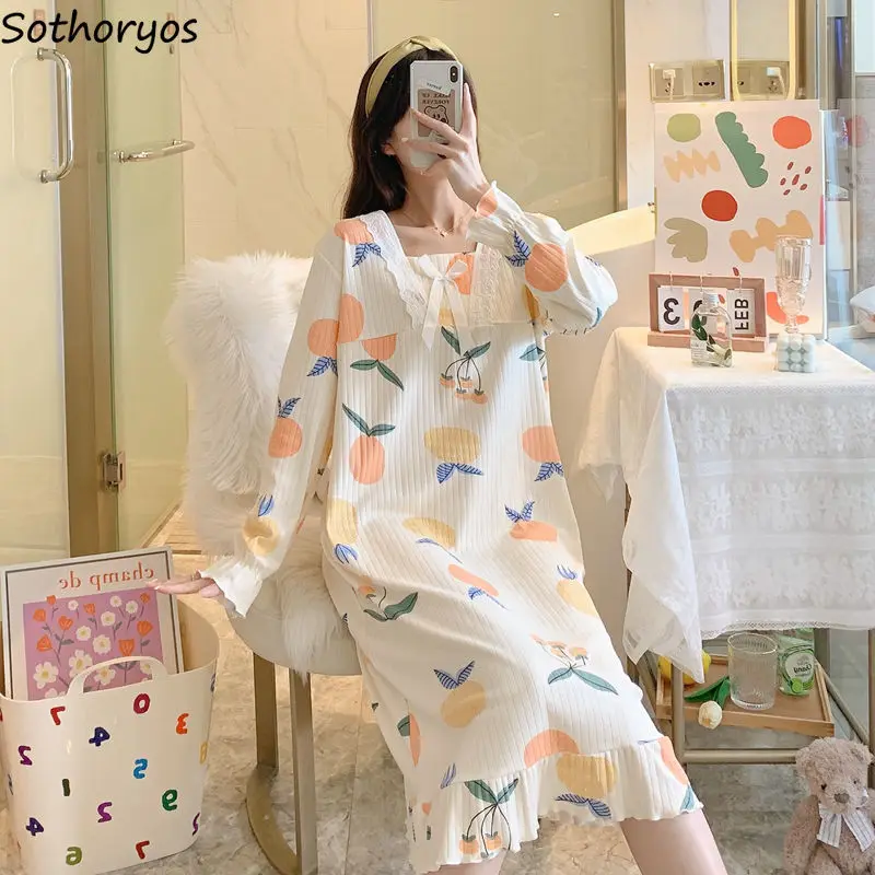 

Cute Print Long Sleeve Nightgowns Women Simple Loose A-line Nightwear Female Sweet Soft Bow Designer Leisure Spring Nightdress