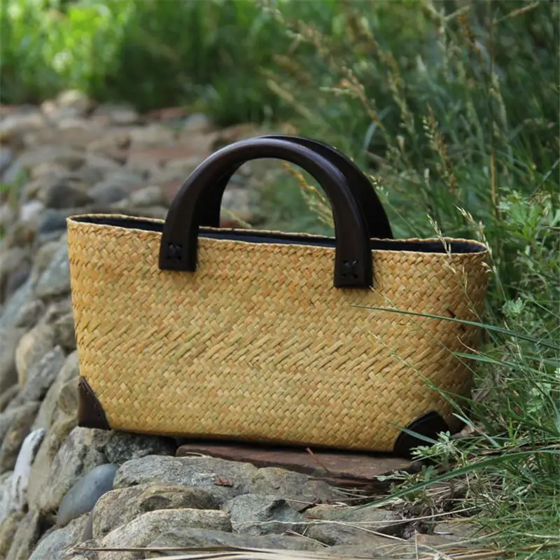 30x16CM Rattan Bag Original Chinese Style Features Handmade Old Straw Bag Rattan Woven Wooden Handle Retro Handbag  a6107