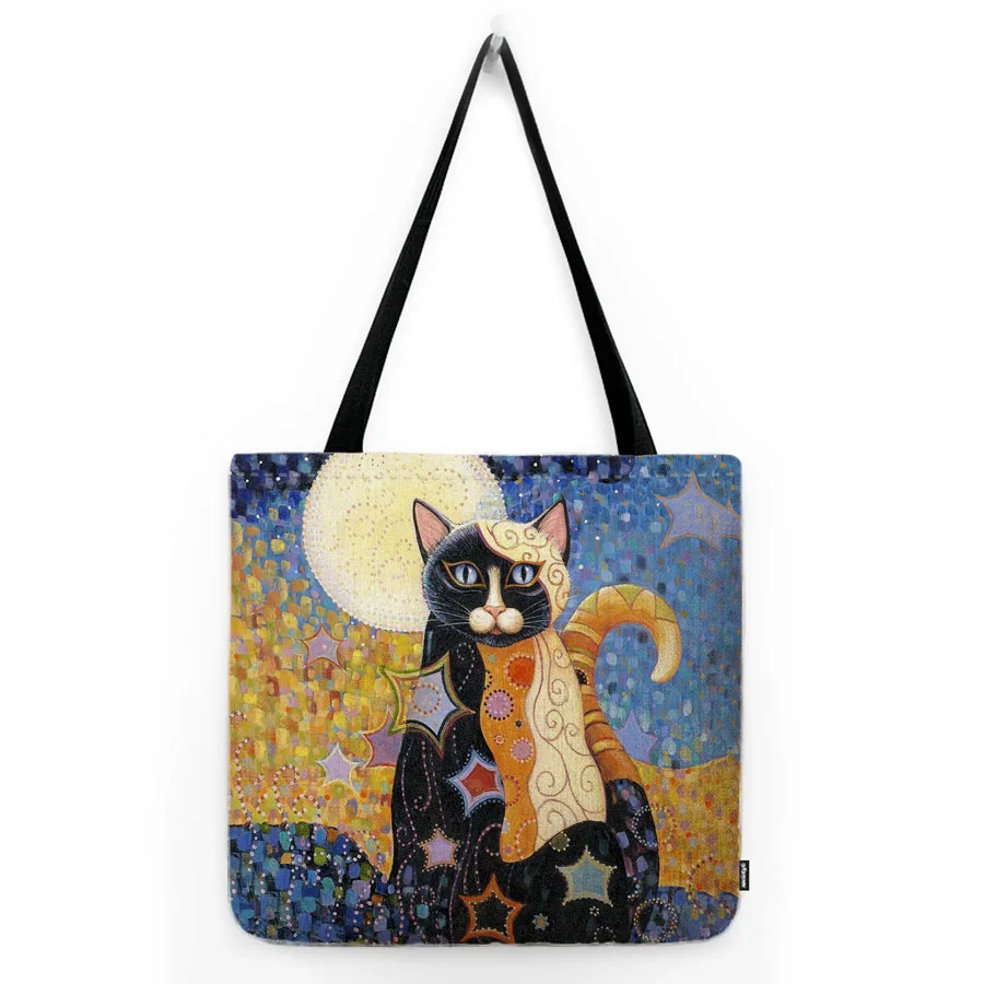 Gold Yellow Klimt Style Modern Aesthetics Lovely Cat Adorable Kitten Water Resistant Cute Shopper Large Shoulder Bag Tote Bag