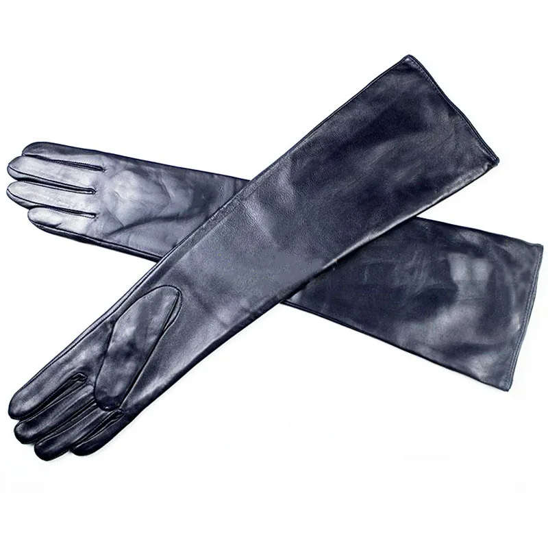 Long Sheepskin Leather Gloves Women\'s Fashion Color Velvet Lining Autumn and Winter Windproof and Warm Finger Gloves