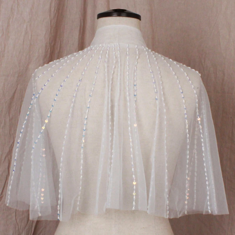 Bridal Luxury High Neck Wedding Cape Female Elegant Illusion Party Shawl Sequin Beaded Tulle Bolero Women Pearl Button Shrug