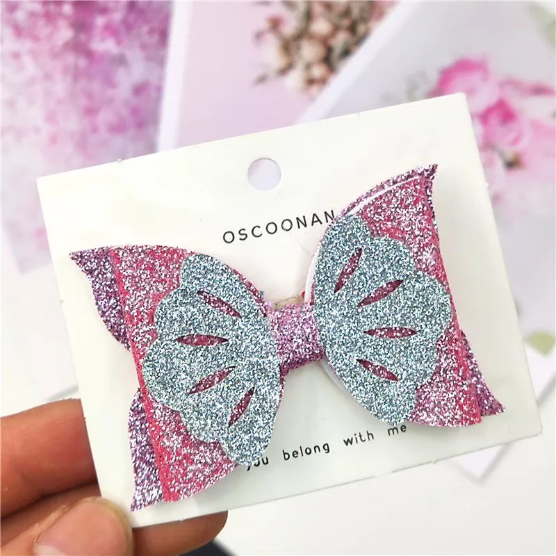 1PCS Lovely Butterfly Leather Glitter 2.8 Inch Bow Elastic Hair Bands Hairpins Dance Party Clips Hair Accessories For Baby Girls