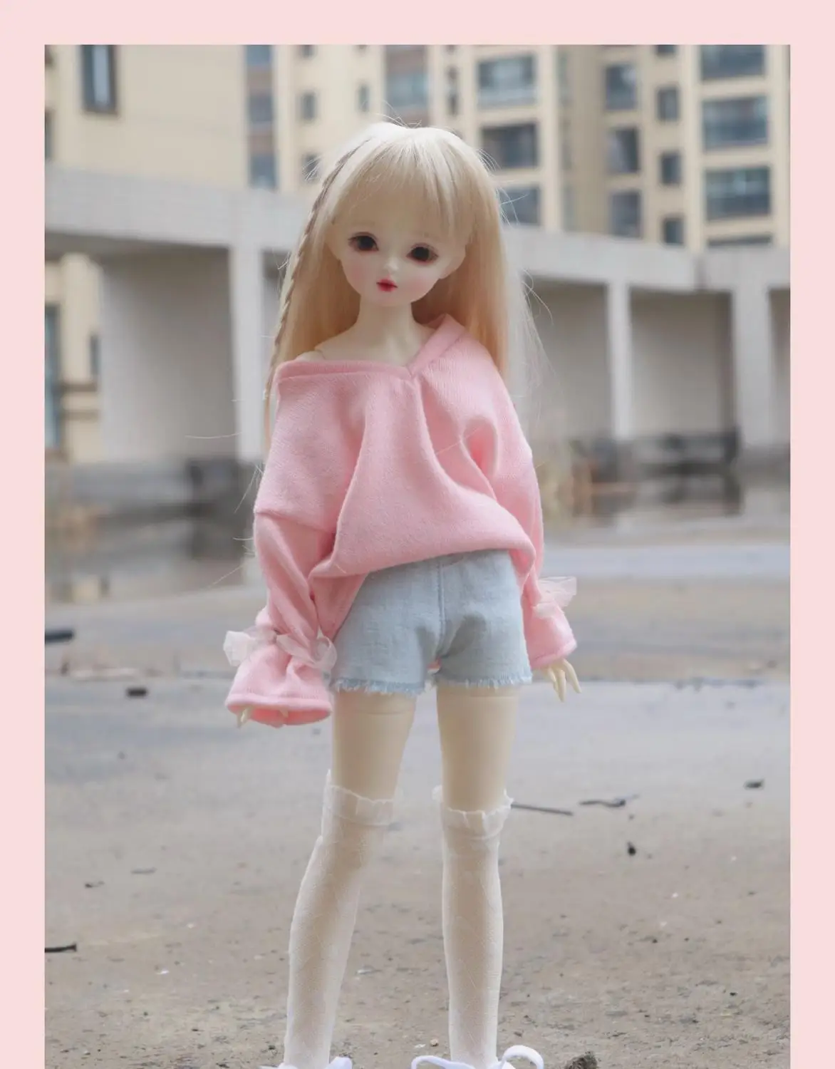 

BJD doll dress for 1/3 1/4 1/6 size Cute V-neck sweater puff sleeve top high-waisted denim shorts lace socks everyday suit