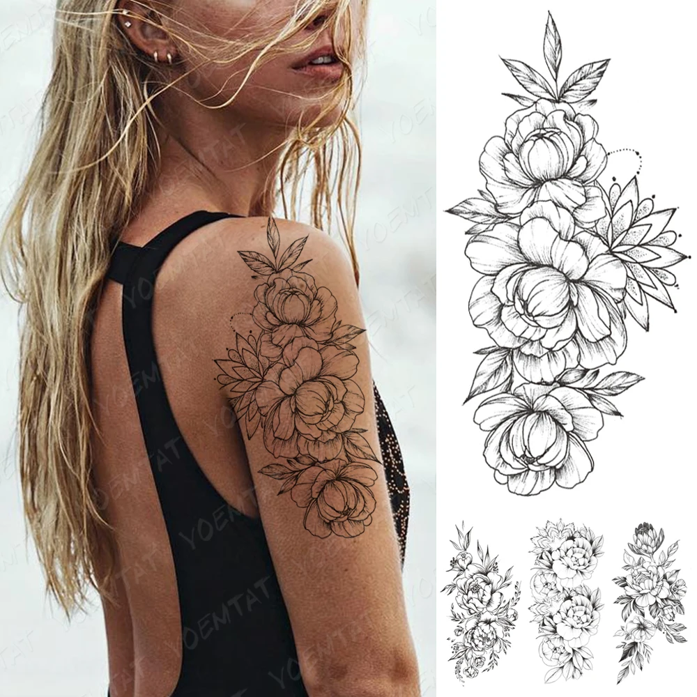 

Waterproof Temporary Tattoo Sticker Peony Flower Black Flash Tattoos Female Minimalist Line Arm Thigh Body Art Fake Tatto Male