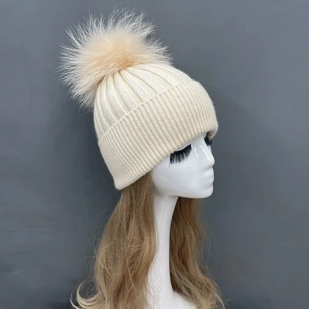 MISSJANEFUR Women's Hat Cashmere Knitted Hat Thick Warm Real Fur Pom Pom Beanie Hats Solid Outdoor Skullies Beanies Wholesale