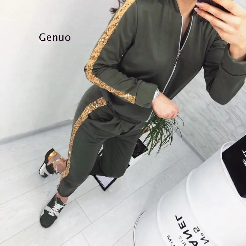 2021 Women's New Casual Fall Outfits Women's Sequined Patchwork Outwear Sexy Sweat Suit Female O-Neck Fashion Tracksuit