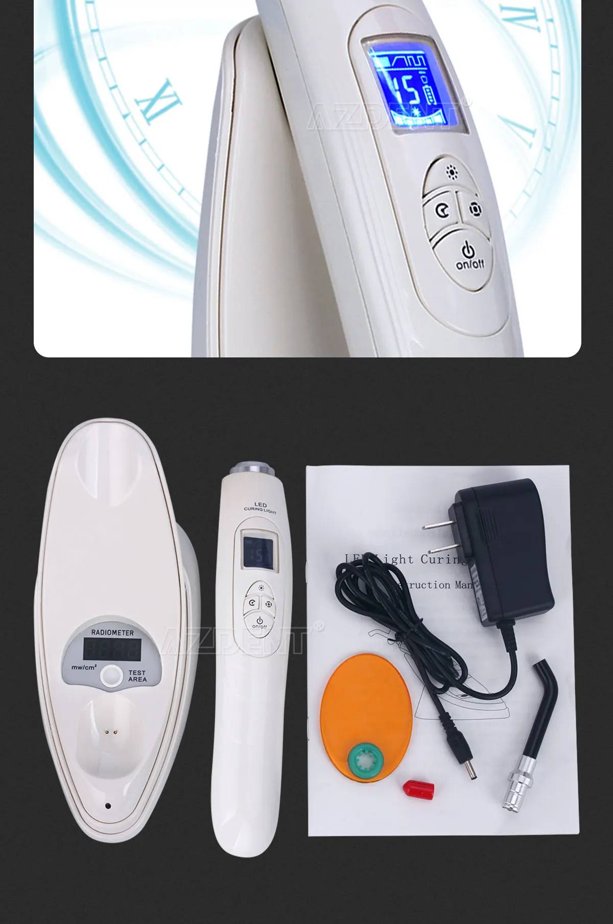 AZDENT Dental-Härtungslicht, LED, kabellos, Glasfaser-Härtungslampe, 800–2000 mW/cm2, drei Gänge, Ausgang, einstellbares Timing – Detail 8