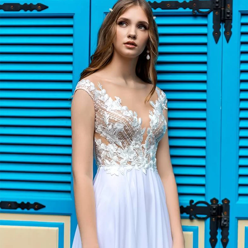 Praia chiffon apliques vestido de casamento feito sob encomenda colher ilusão voltar mais tamanho boho uma linha pérolas boné mangas rendas vestidos de noiva