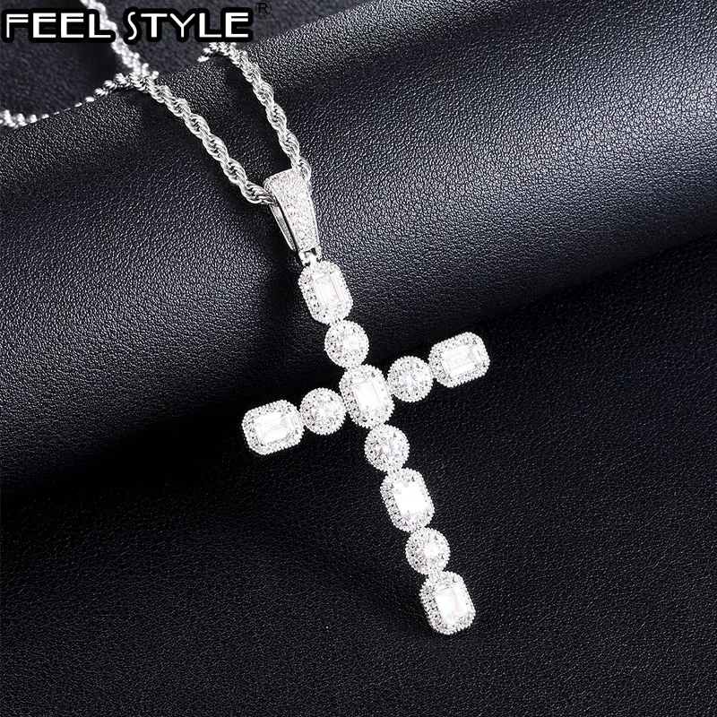 

Hip Hop Baguette Cross Iced Out Bling Cubic Zircon AAA+ CZ Stones Necklaces & Pendants For Men Jewelry With Solid Back