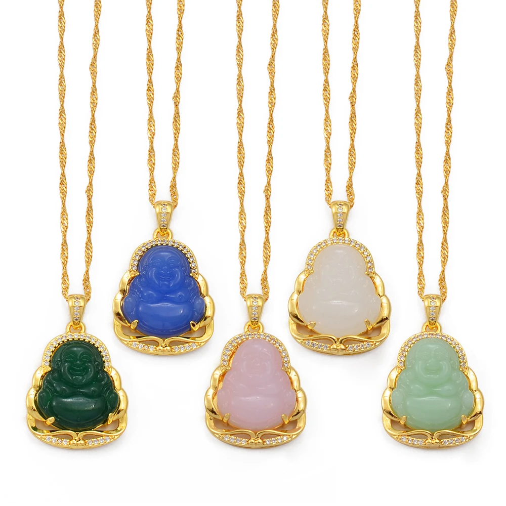 Anniyo Green Blue Pink White Buddha Pendant Necklaces Women Amulet Chinese Style Maitreya Jewelry New Model DropShip #001636