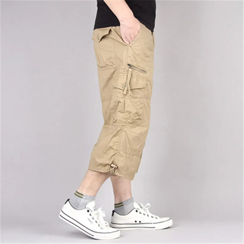 Summer Men\'s Casual Cotton Cargo Shorts Overalls Long Length Multi Pocket Hot breeches Military Capri Pants Male Tactical Short