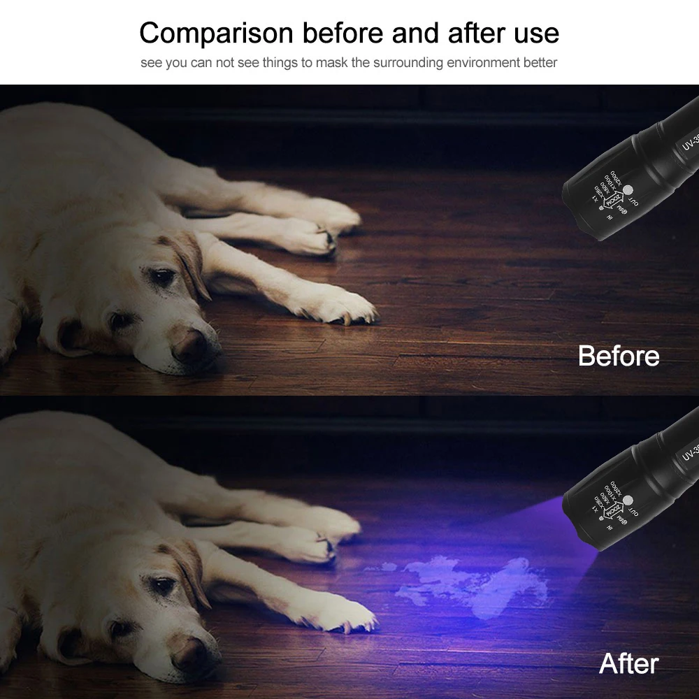 Zoomable UV Flashlight 2 In 1 White&UV 395nm Purple Torch Black Light Ultraviolet Urine Detector for Pet Urine Catch Scorpions