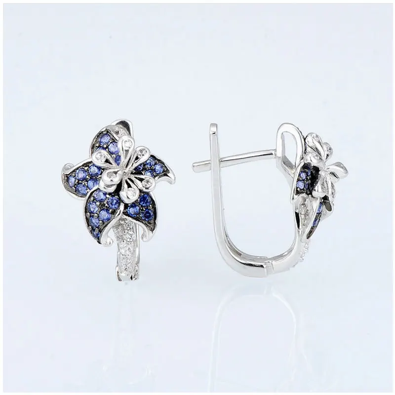 HUAMI Luxury Flower Cubic Crystal Stud Earrings Treasure Blue Zircon Earrings for Women Feminia Brincos Bijoux Gifts