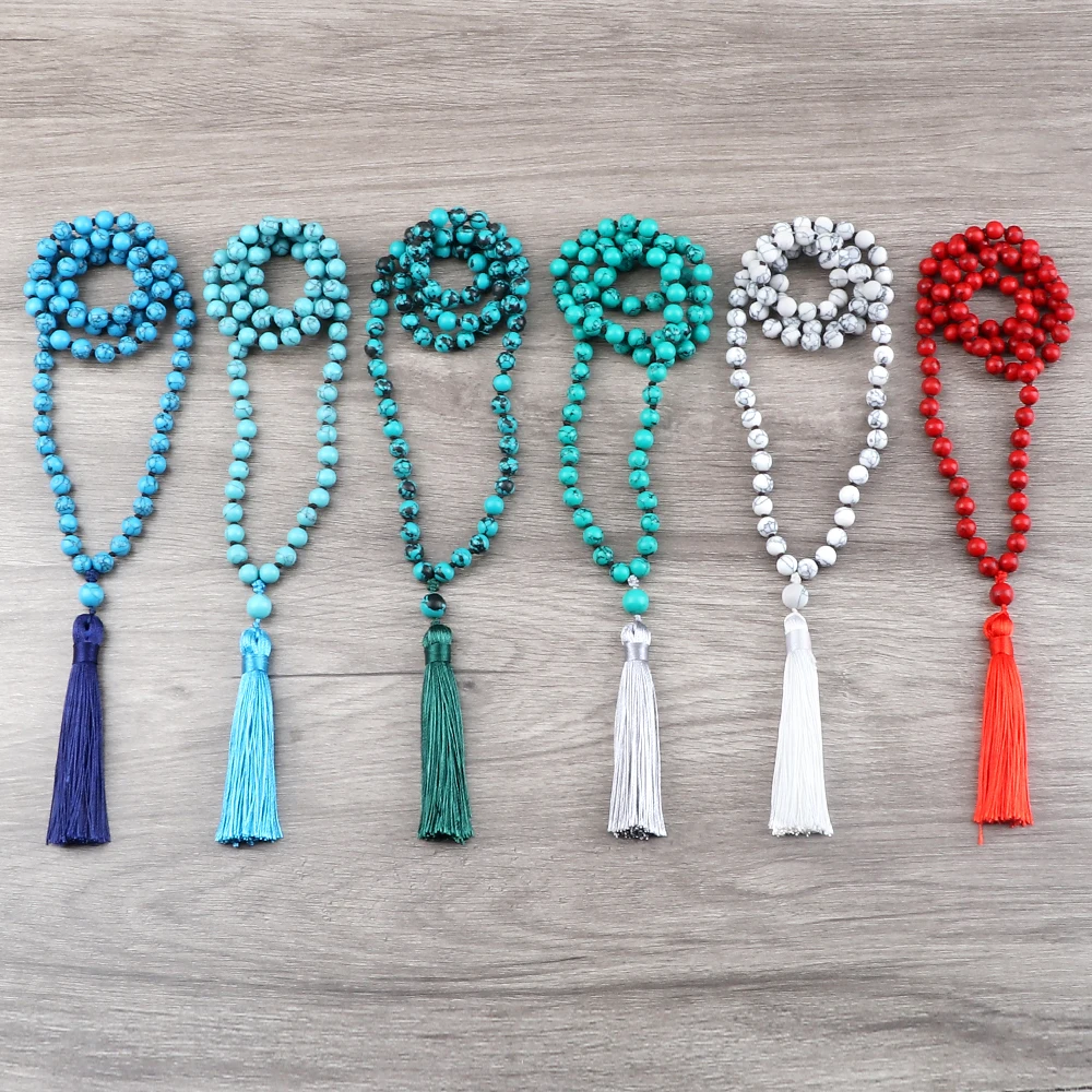 Fashion 108 Mala Beads Buddhist Necklaces Natural Stone 6mm Bohemian Knotted Long Tassel Necklace Yoga Meditation Bangle Jewelry