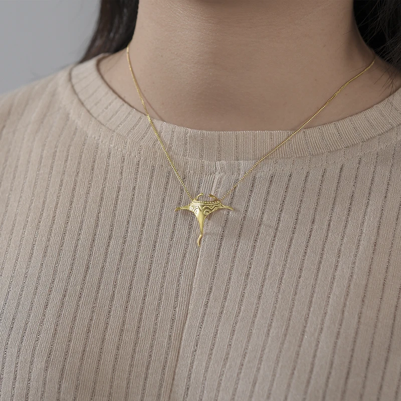Lotus Fun Vintage Real 925 Sterling Silver Manta Ray Fish Pendant Fashion 18K Gold Chains and Necklace for Women Fine Jewelry image 5