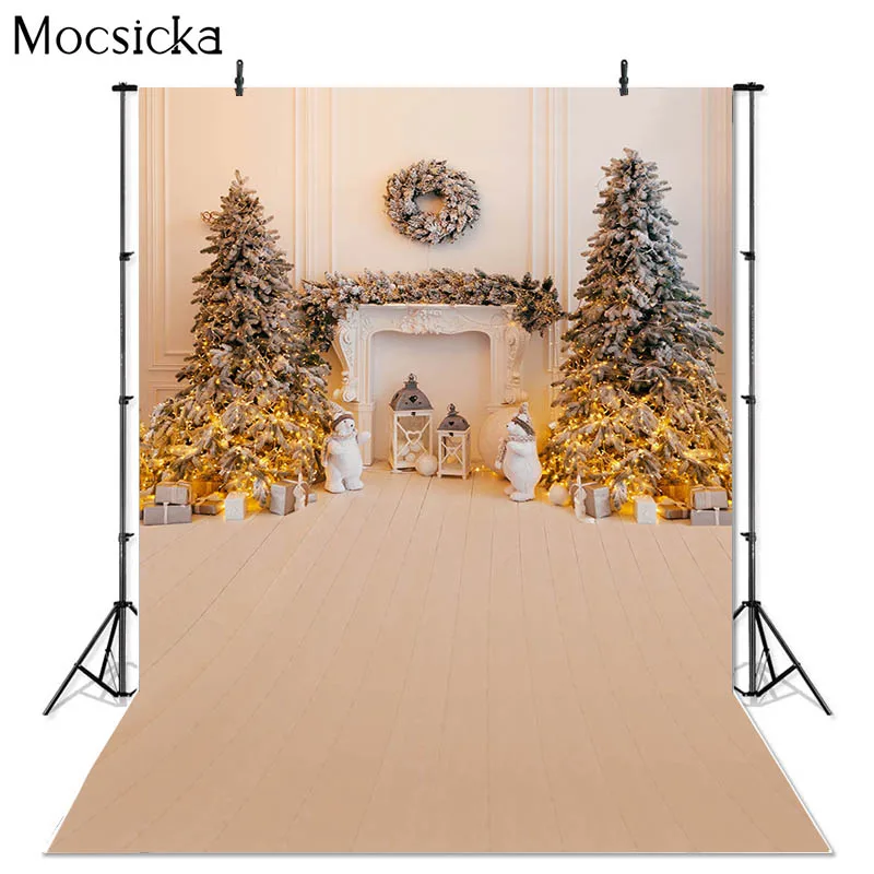 

Mocsicka Christmas Tree Photography Background Fireplace Beige Wall Decorations Family Baby Shower Photo Backdrops Studio Banner